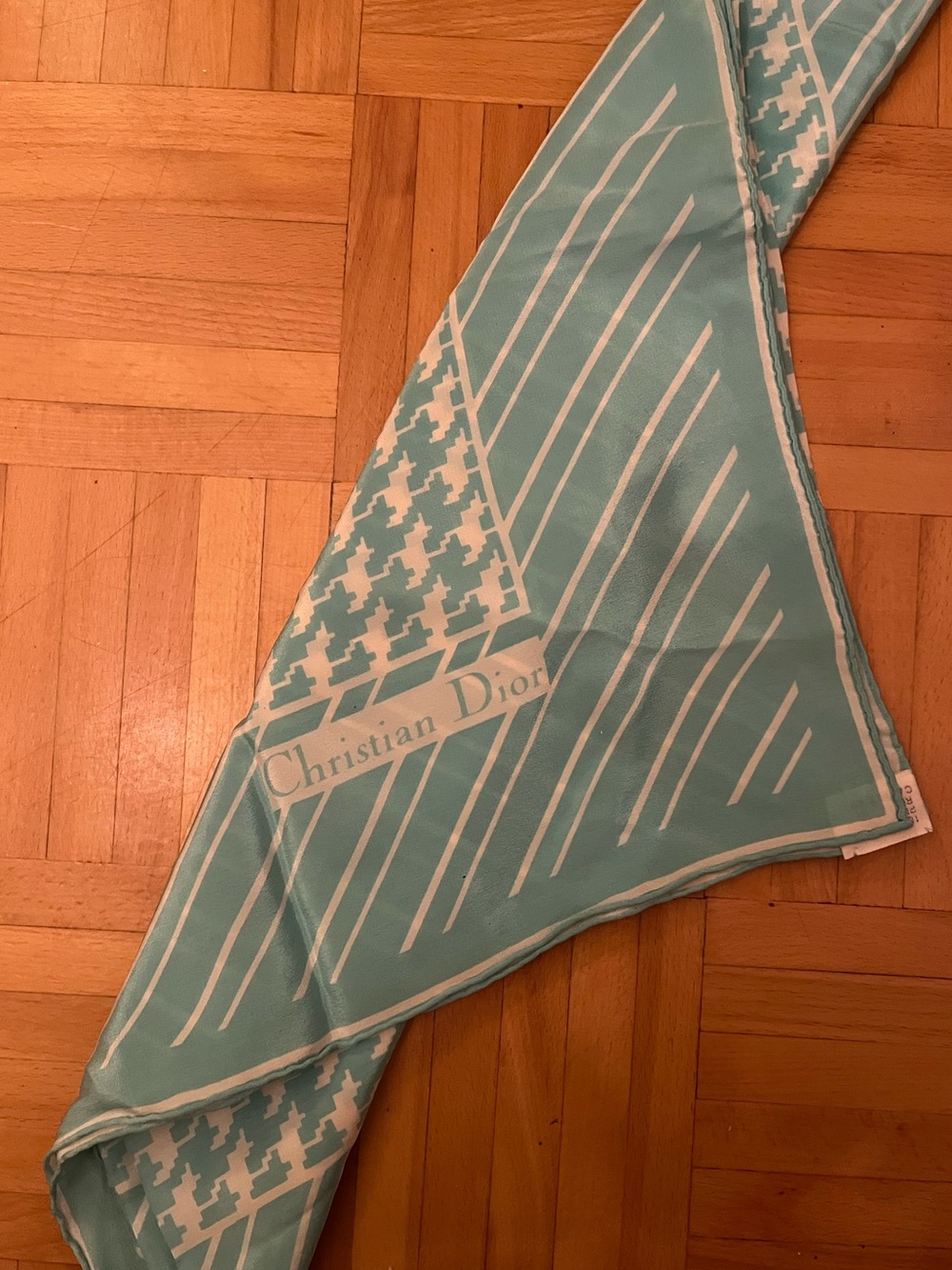 CHRISTIAN DIOR Aqua and White 100% Silk Scarf